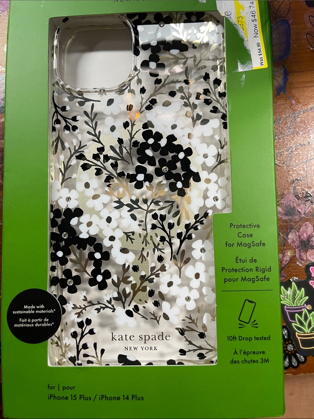 kate spade Clear Floral MagSafe iPhone 15 plus/14 plus case. Black, White & Gold
